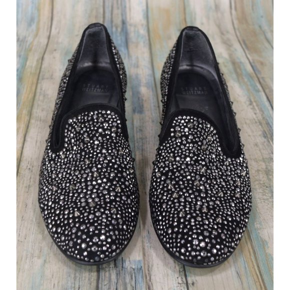 Stuart Weitzman Slipbeads Studded Smoking Flats Size 7 Black Suede Designer - Picture 3 of 10